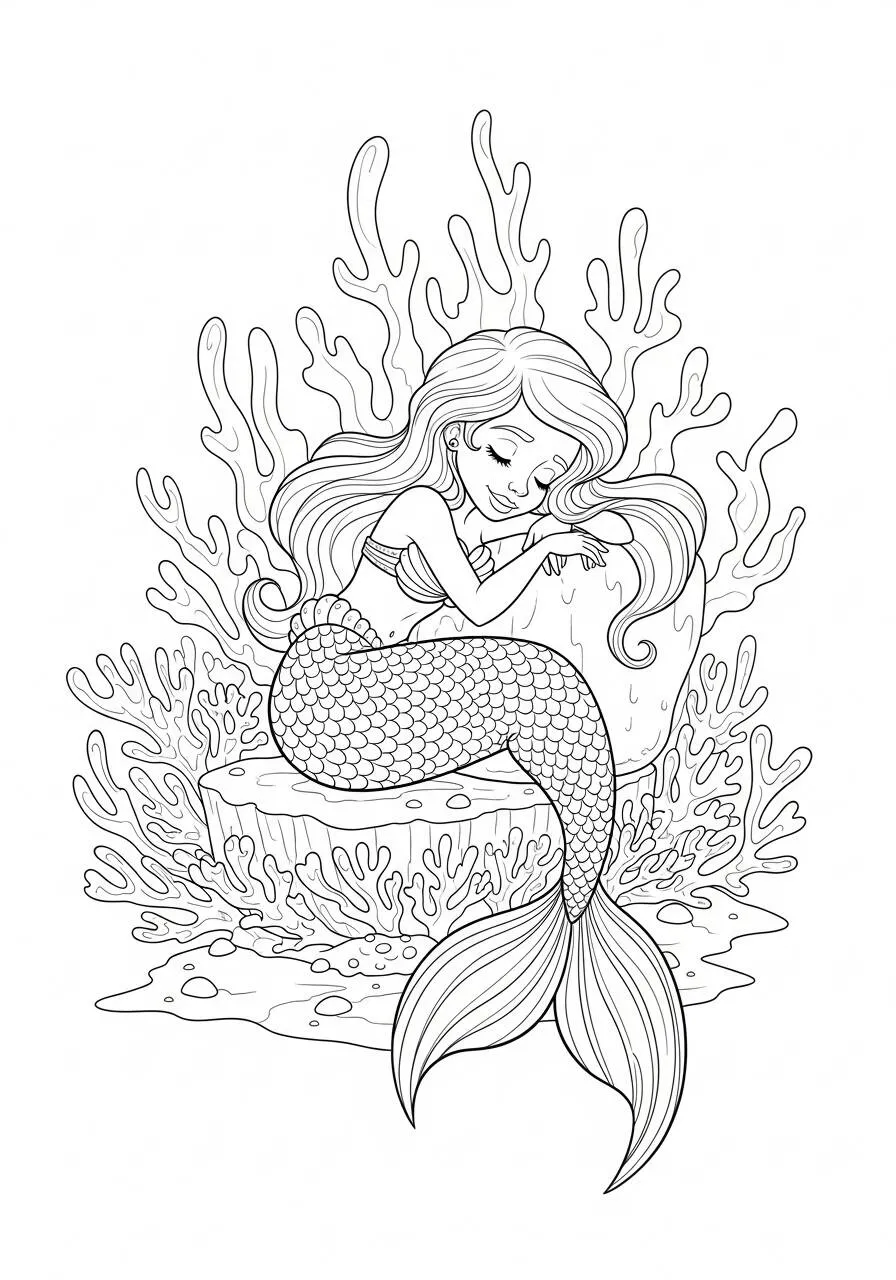 Desenho de Sereia Sonhando em um Recife de Corais para Colorir