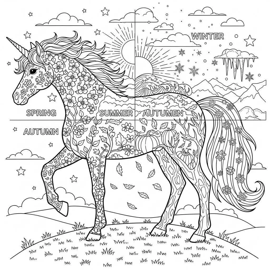 Desenho de Unicórnio Decorado com Flores para Colorir