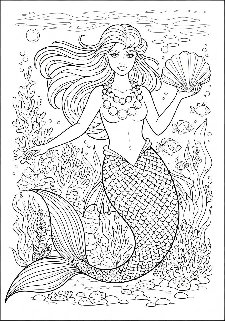Desenho de Sereia com Concha e Peixes para Colorir