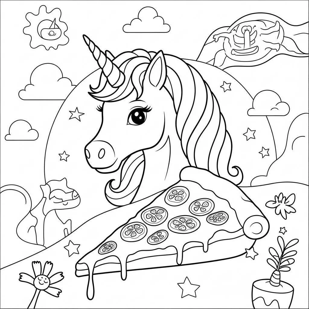 Desenho de Unicórnio com Pizza em um Mundo Mágico para Colorir