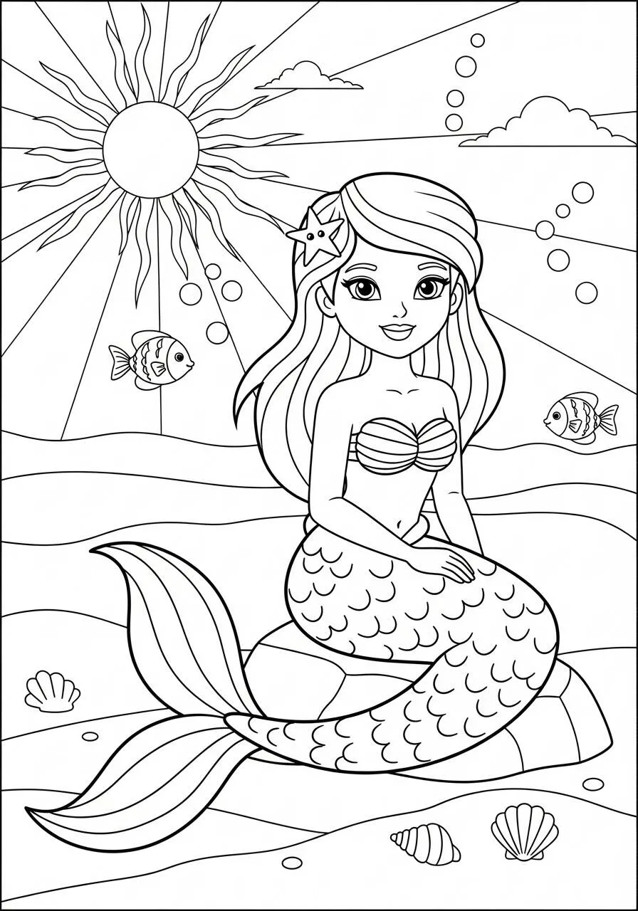 Desenho de Sereia Sentada em uma Rocha com Peixes para Colorir