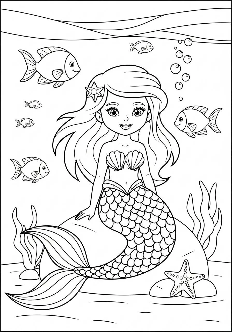 Desenho de Sereia Sentada em uma Rocha com Peixes para Colorir