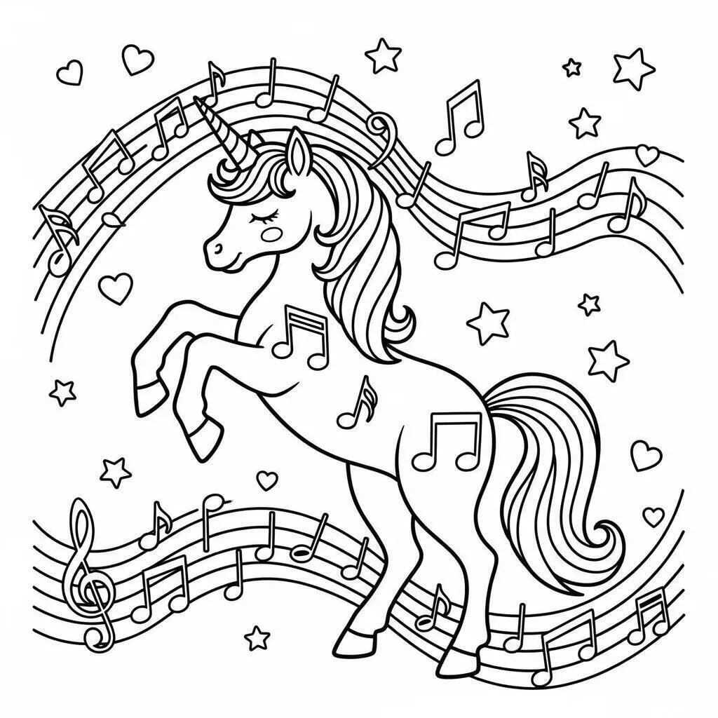 Desenho de Unicórnio Dançante com Notas Musicais para Colorir