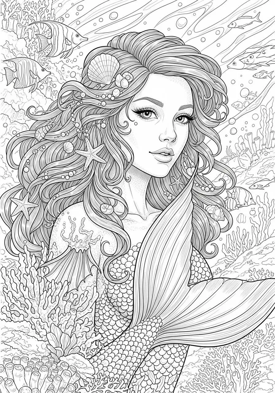 Desenho de Sereia com Cabelo Ondulado e Peixes Coloridos para Colorir