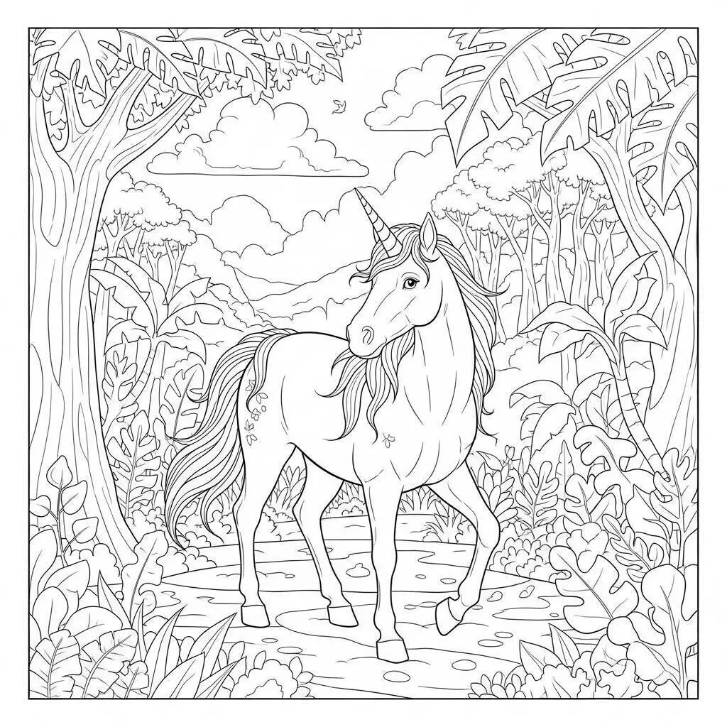 Desenho de Unicórnio na Floresta para Colorir