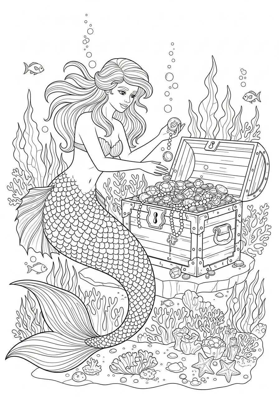 Desenho de Sereia Descobrindo um Tesouro Submarino para Colorir