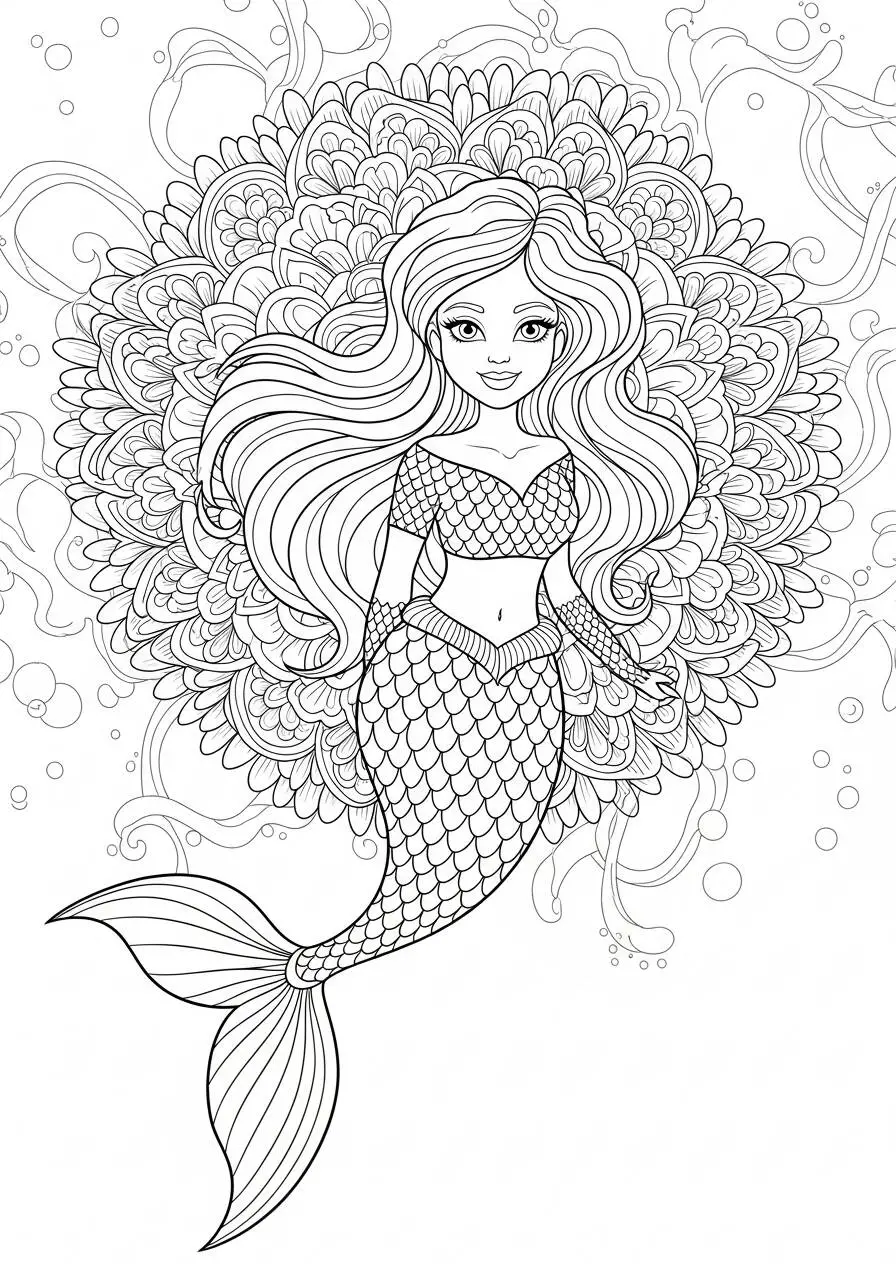 Desenho de Sereia com Cabelo Longo e Flores para Colorir