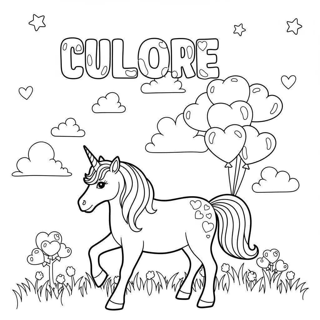 Desenho de Unicórnio com Corações e Balões para Colorir