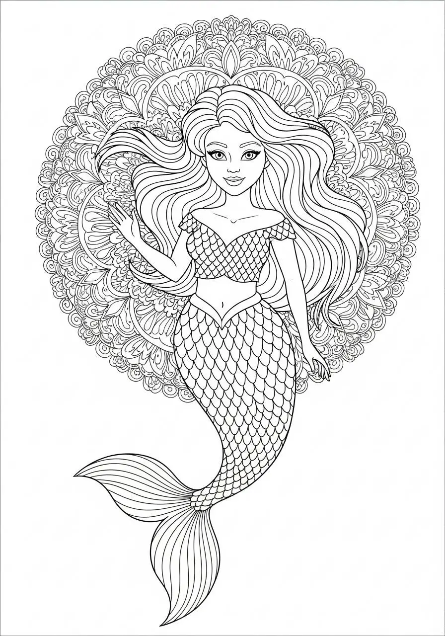 Desenho de Sereia com Fundo Decorativo para Colorir