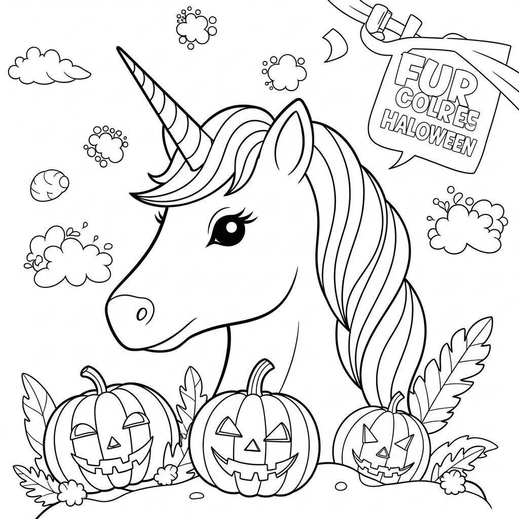 Desenho de Unicórnio com Abóboras para Colorir