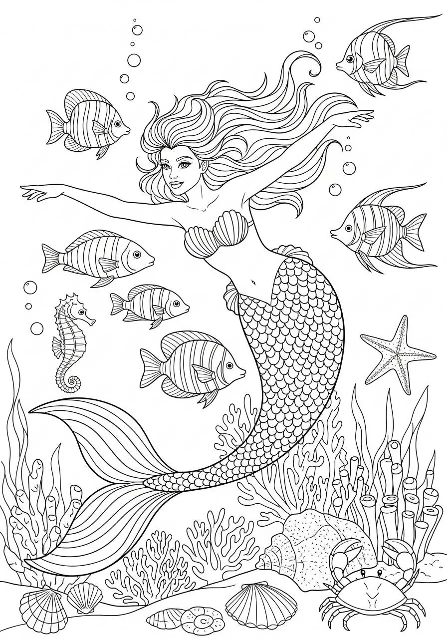 Desenho de Sereia a Nadar com Peixes Coloridos para Colorir