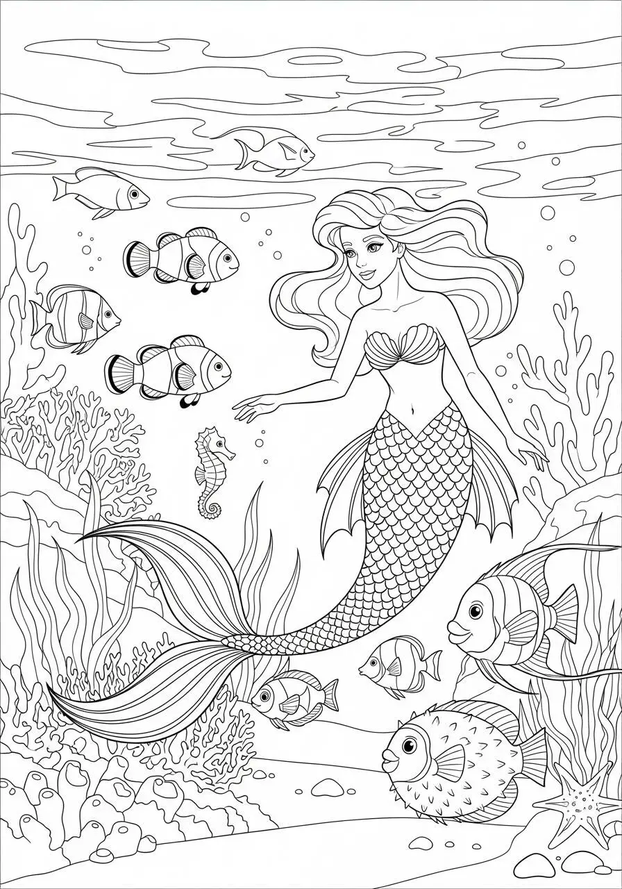 Desenho de Sereia Interagindo com Peixes Coloridos para Colorir