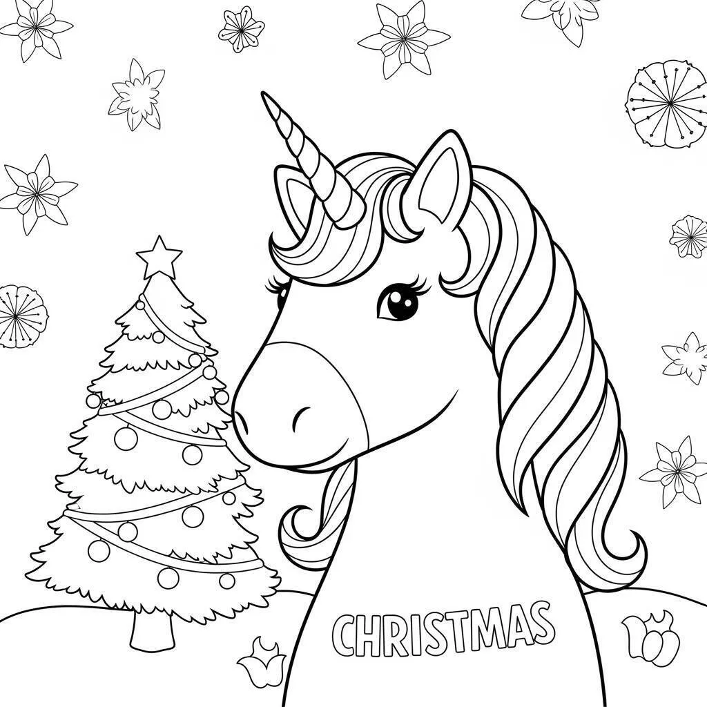 Desenho de Unicórnio Natalino com Árvore para Colorir
