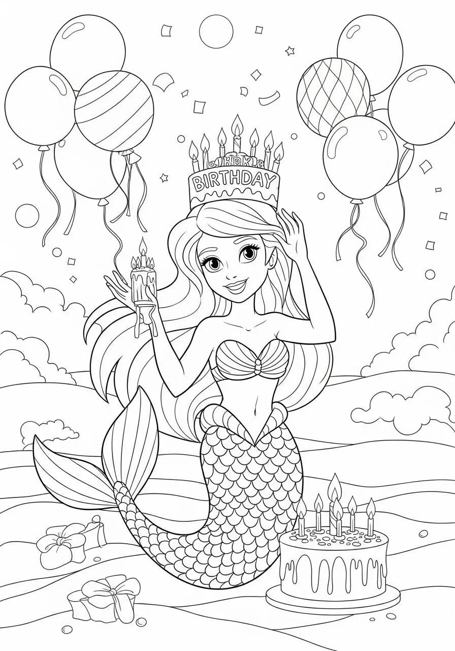 Desenho de Sereia Celebrando Aniversário com Bolo e Balões para Colorir