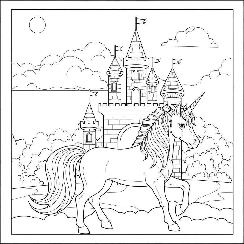 Desenho de Unicórnio Caminhando em Frente ao Castelo para Colorir