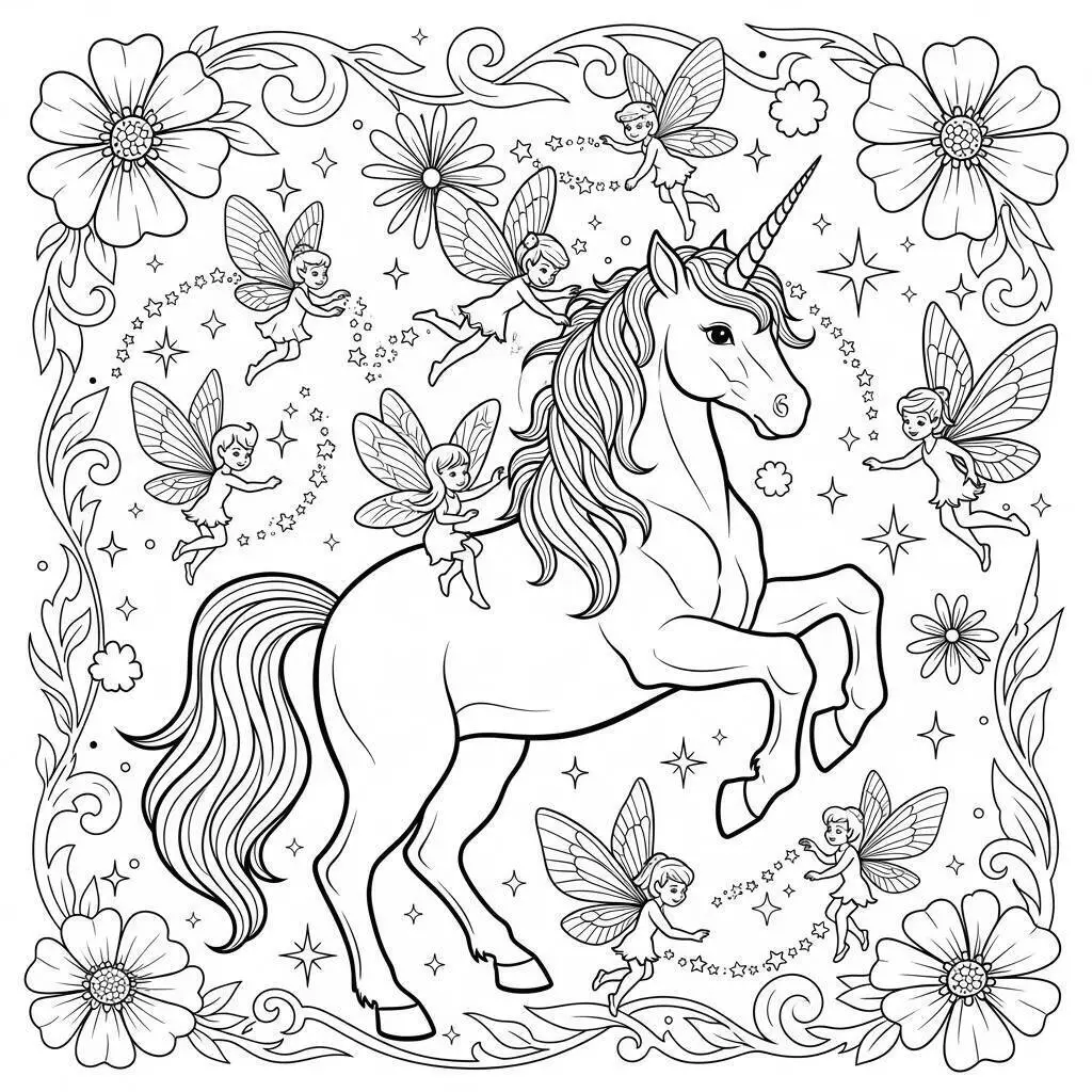Desenho de Unicórnio com Fadas e Flores para Colorir