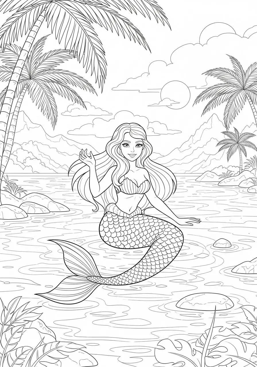 Desenho de Sereia Sentada na Praia com Palavras de Saudação para Colorir