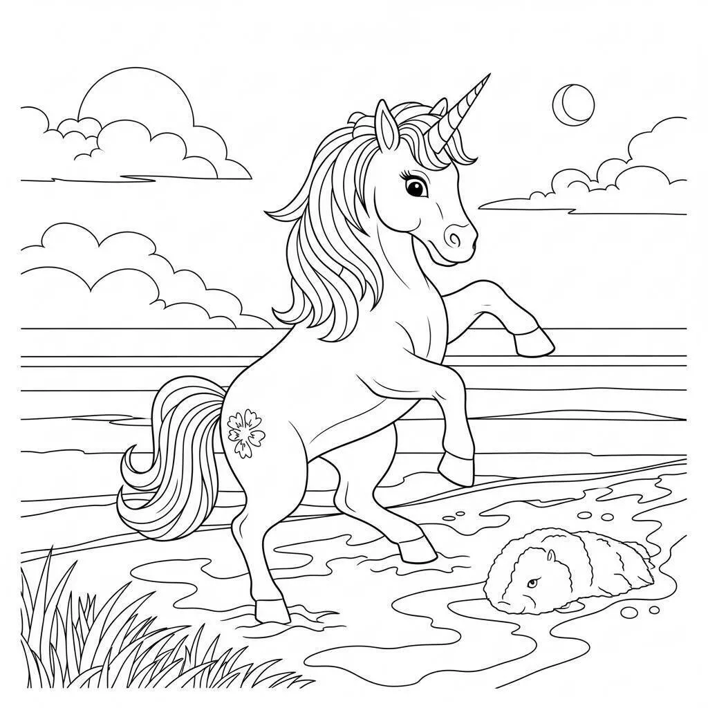 Desenho de Unicórnio Brincando na Água para Colorir