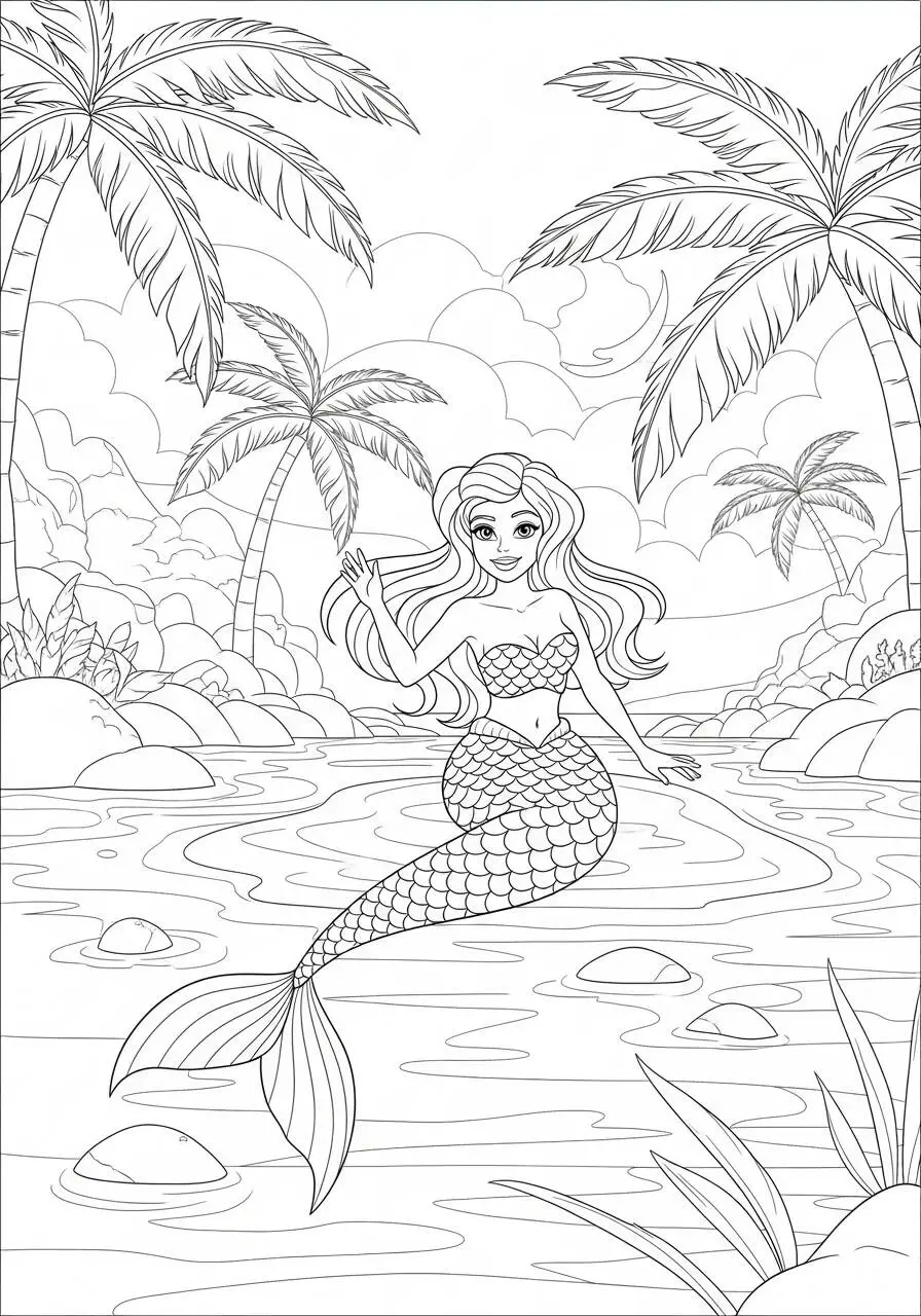 Desenho de Sereia em um Paraíso Tropical para Colorir