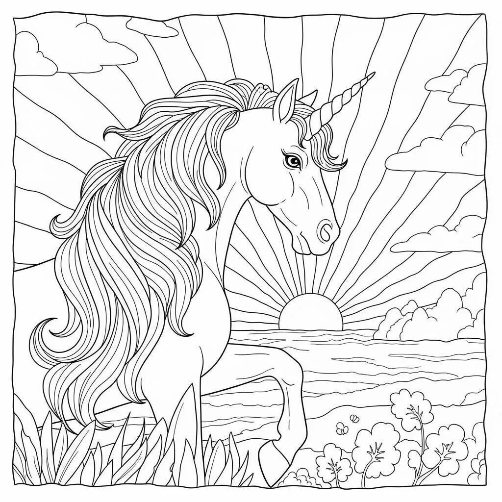 Desenho de Unicórnio com Pôr do Sol para Colorir