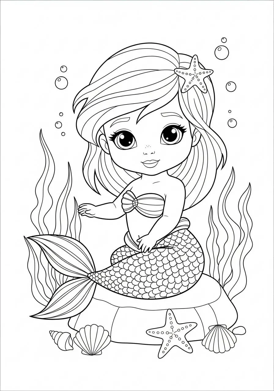 Desenho de Sereia Fofa Sentada em uma Rocha para Colorir