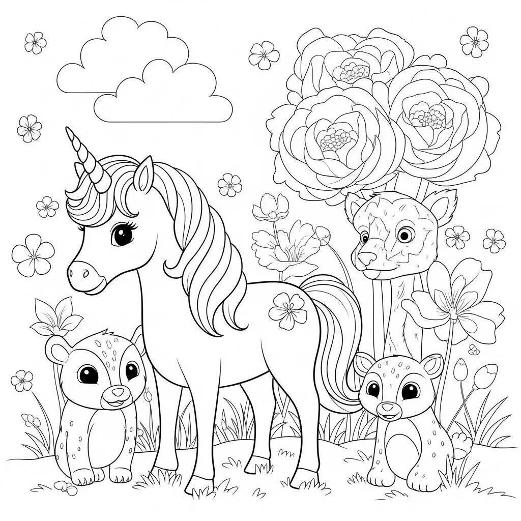 Desenho de Unicórnio com Animais e Flores para Colorir
