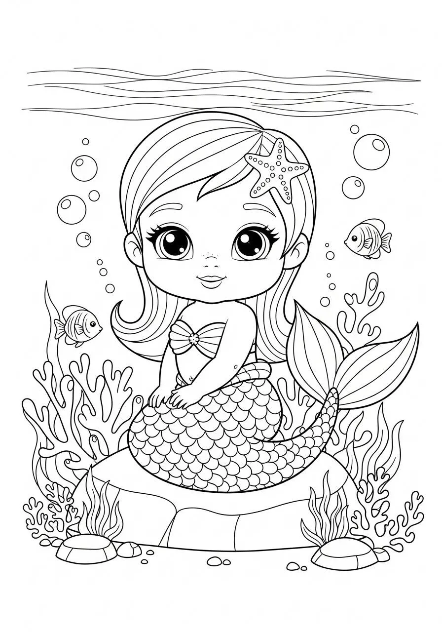 Desenho de Sereia Fofa Sentada entre Corais para Colorir
