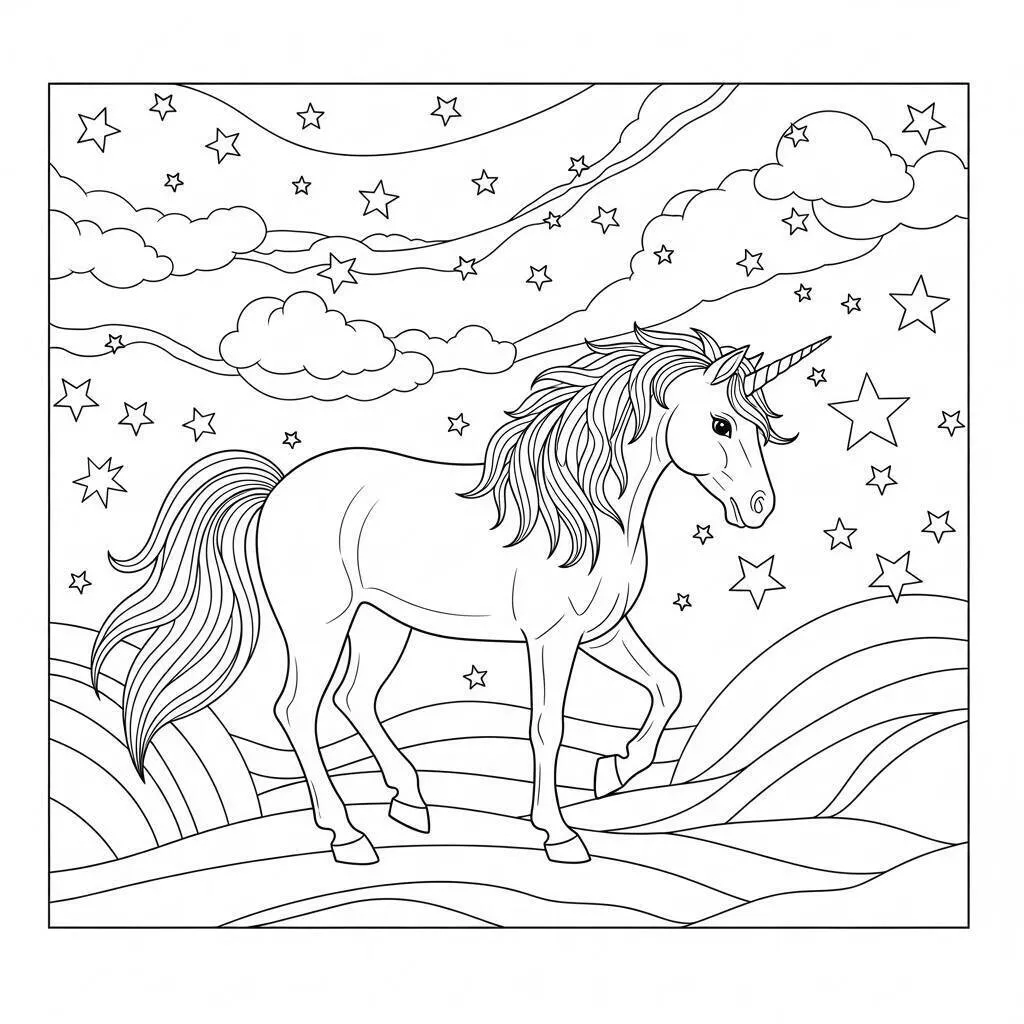 Desenho de Unicórnio Mágico com Estrelas e Nuvens para Colorir