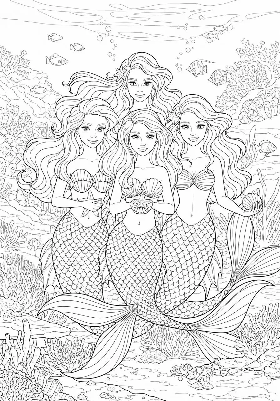 Desenho de Sereias Amigas com Conchas para Colorir