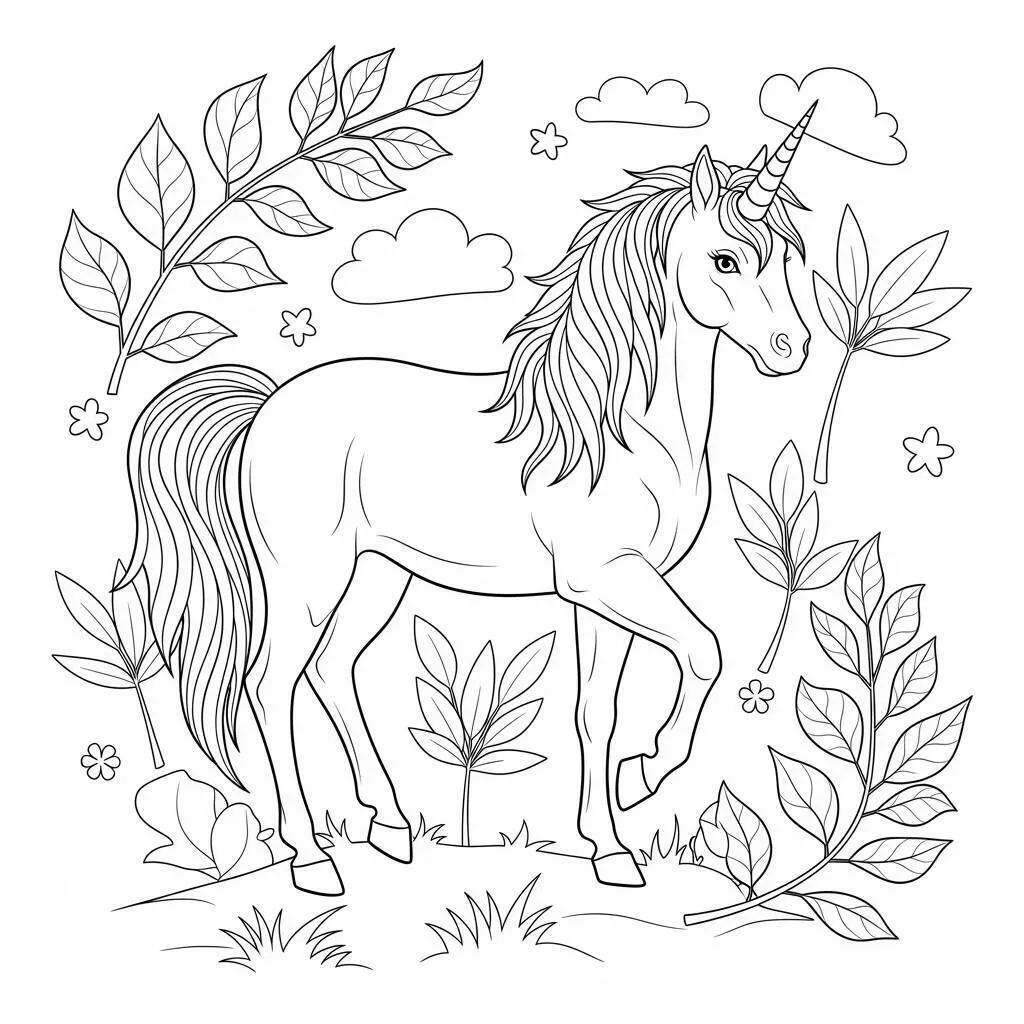 Desenho de Unicórnio em Meio à Natureza para Colorir