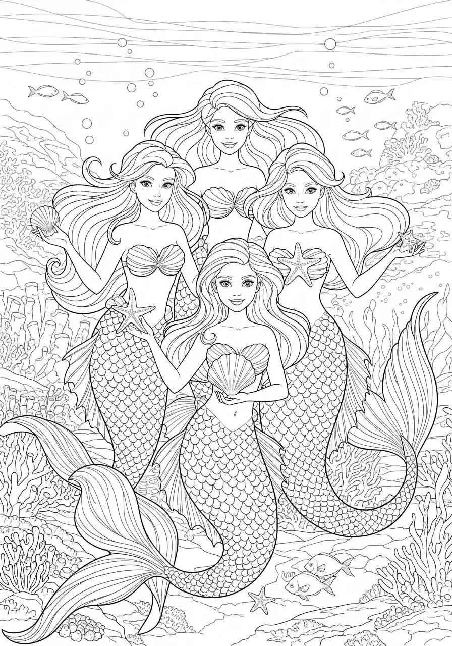 Desenho de Sereias em Grupo com Conchas e Estrelas do Mar para Colorir