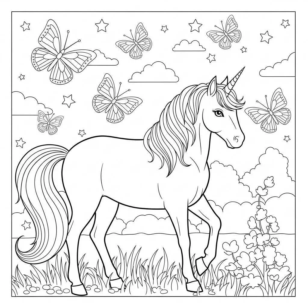 Desenho de Unicórnio com Borboletas e Estrelas para Colorir