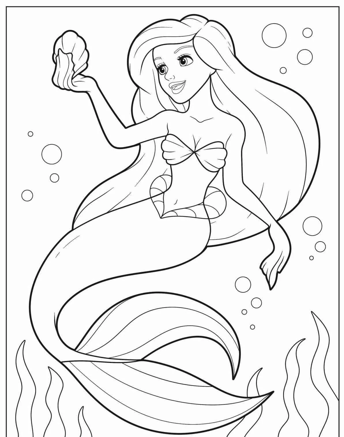 Desenho de Sereia Segurando uma Concha para Colorir