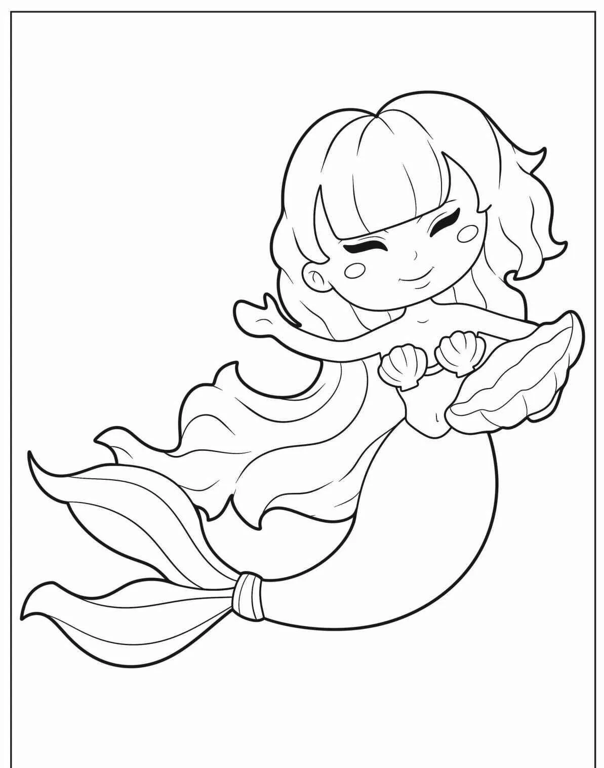 Desenho de Sereia Fofa com Conchas para Colorir