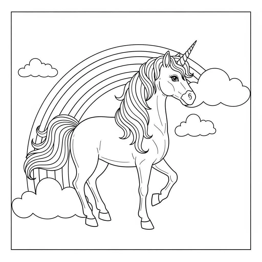 Desenho de Unicórnio com Arco Íris e Nuvens para Colorir