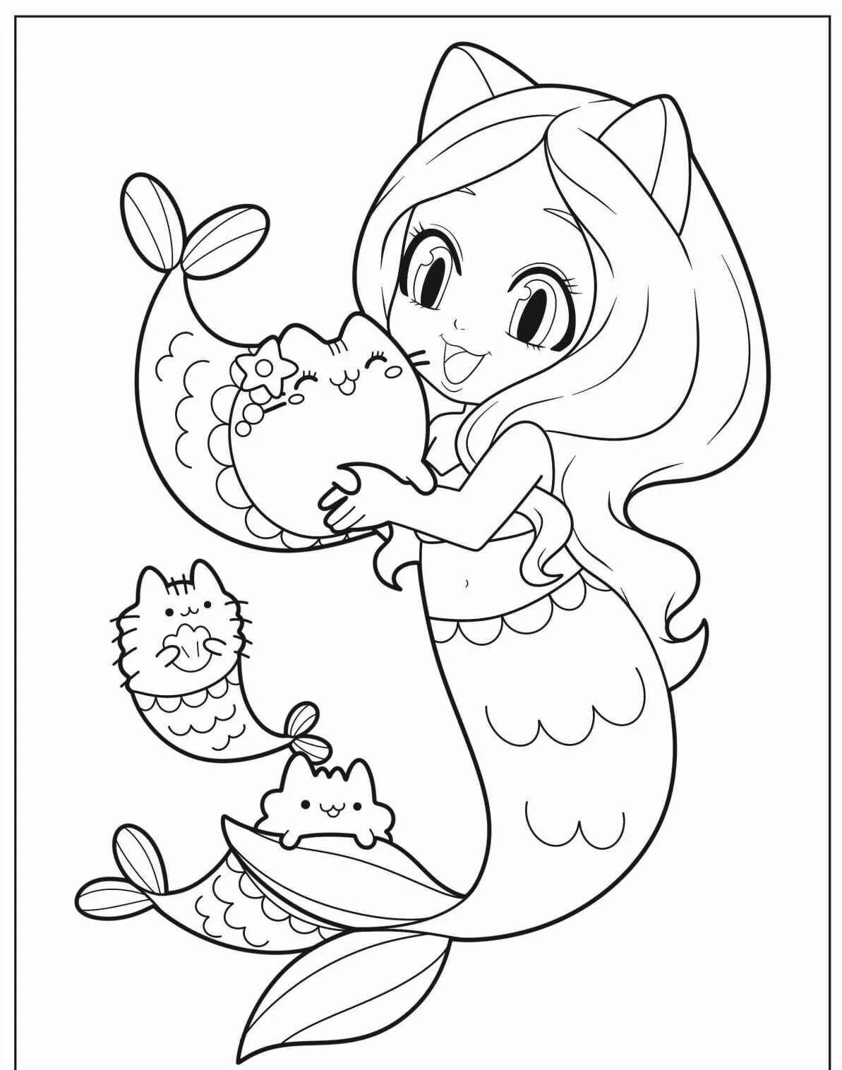 Desenho de Sereia Fofa Abraçando Peixinhos para Colorir