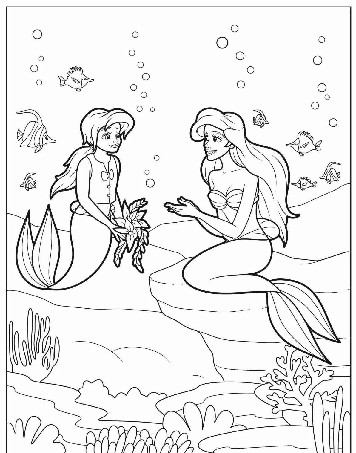 Desenho de Sereias Conversando no Fundo do Mar para Colorir
