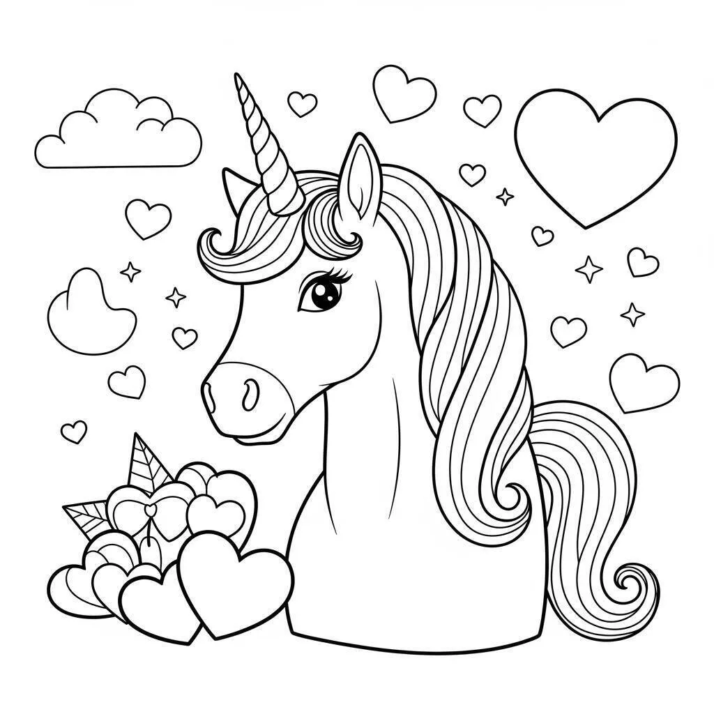 Desenho de Unicórnio com Corações para Colorir