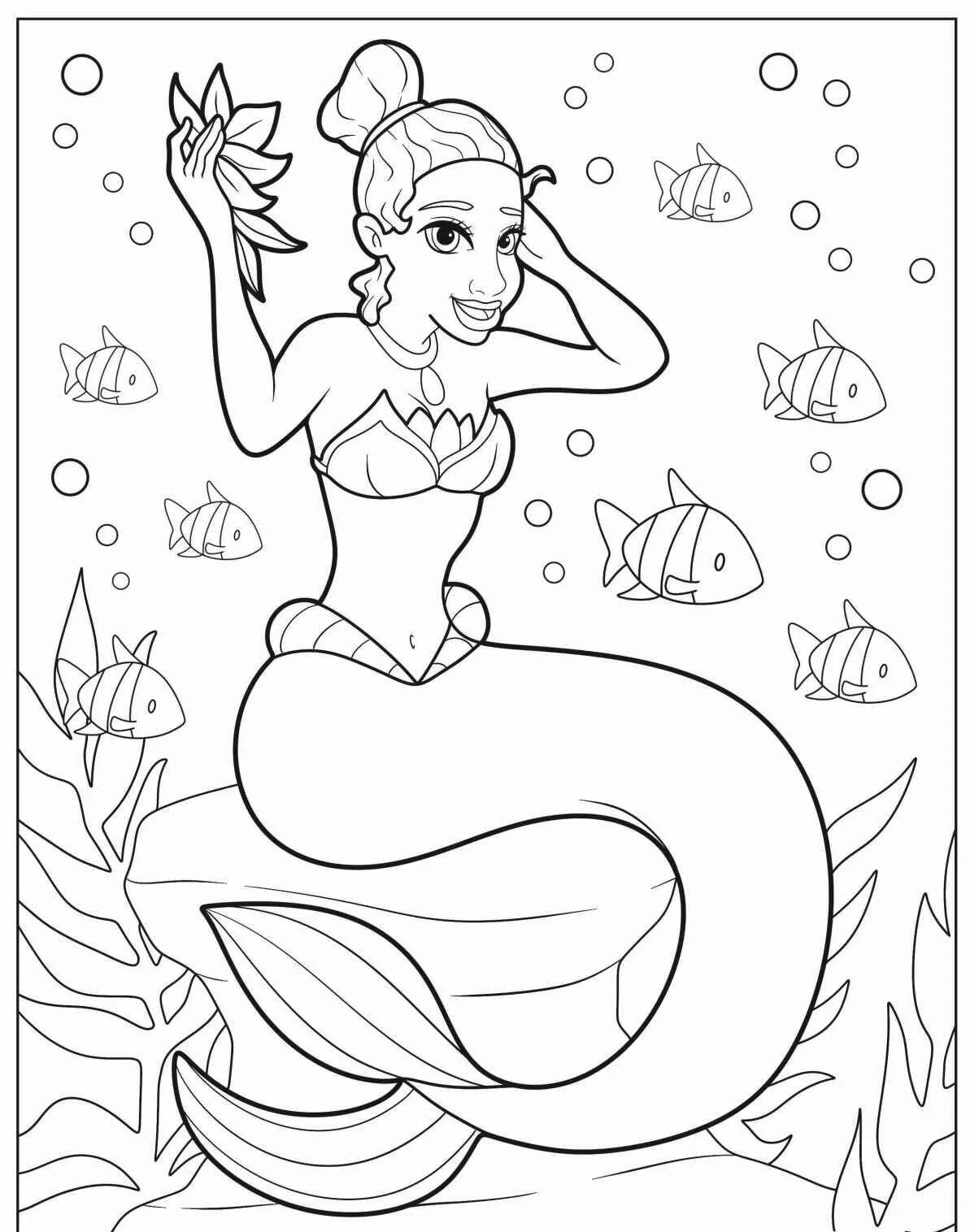 Desenho de Sereia Sorridente com Peixes Coloridos para Colorir