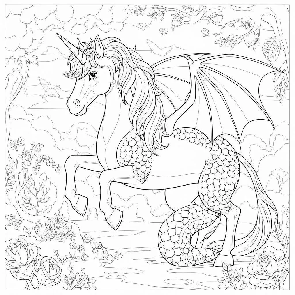 Desenho de Unicórnio Mágico com Asas para Colorir