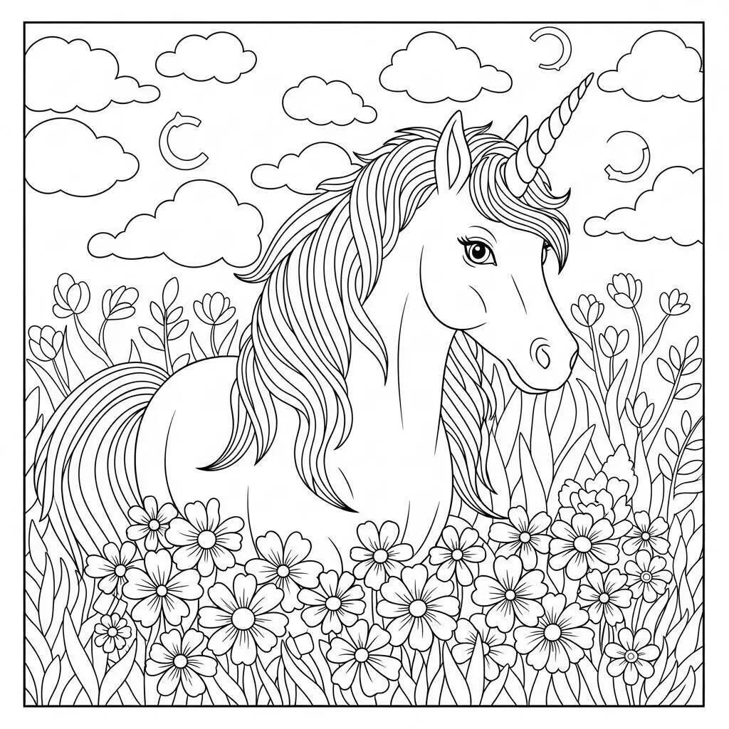 Desenho de Unicórnio em um Campo de Flores para Colorir