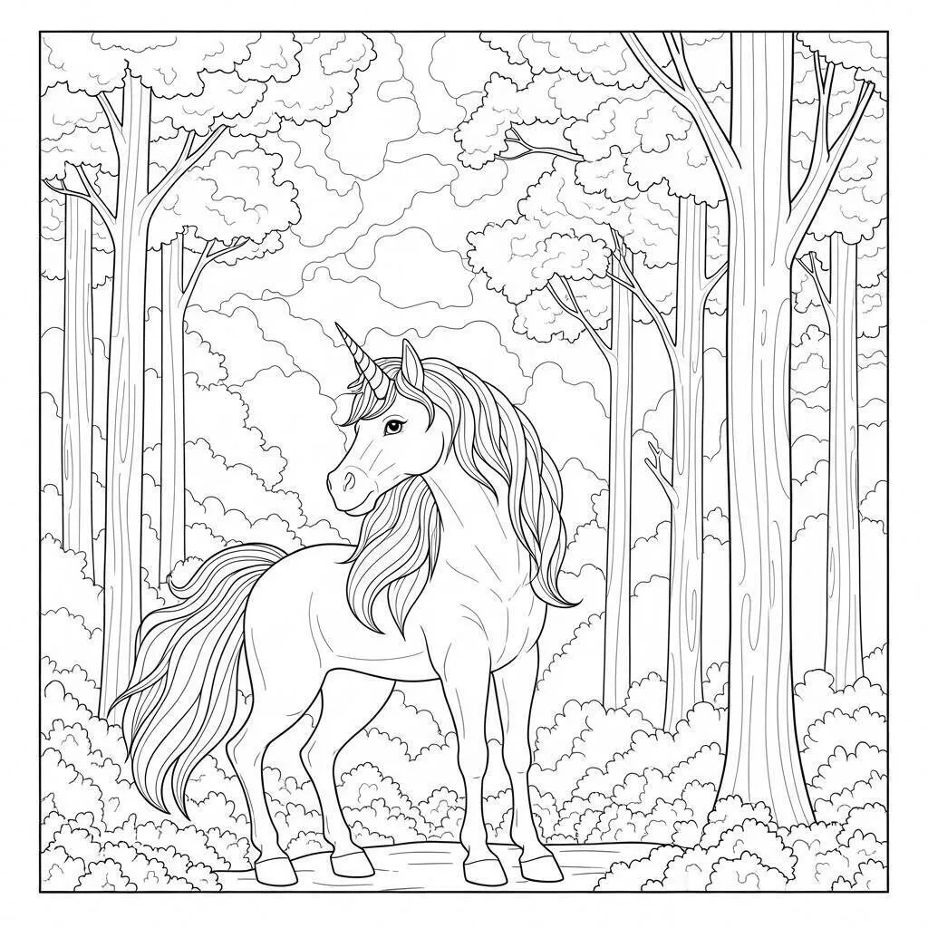 Desenho de Unicórnio em Floresta para Colorir
