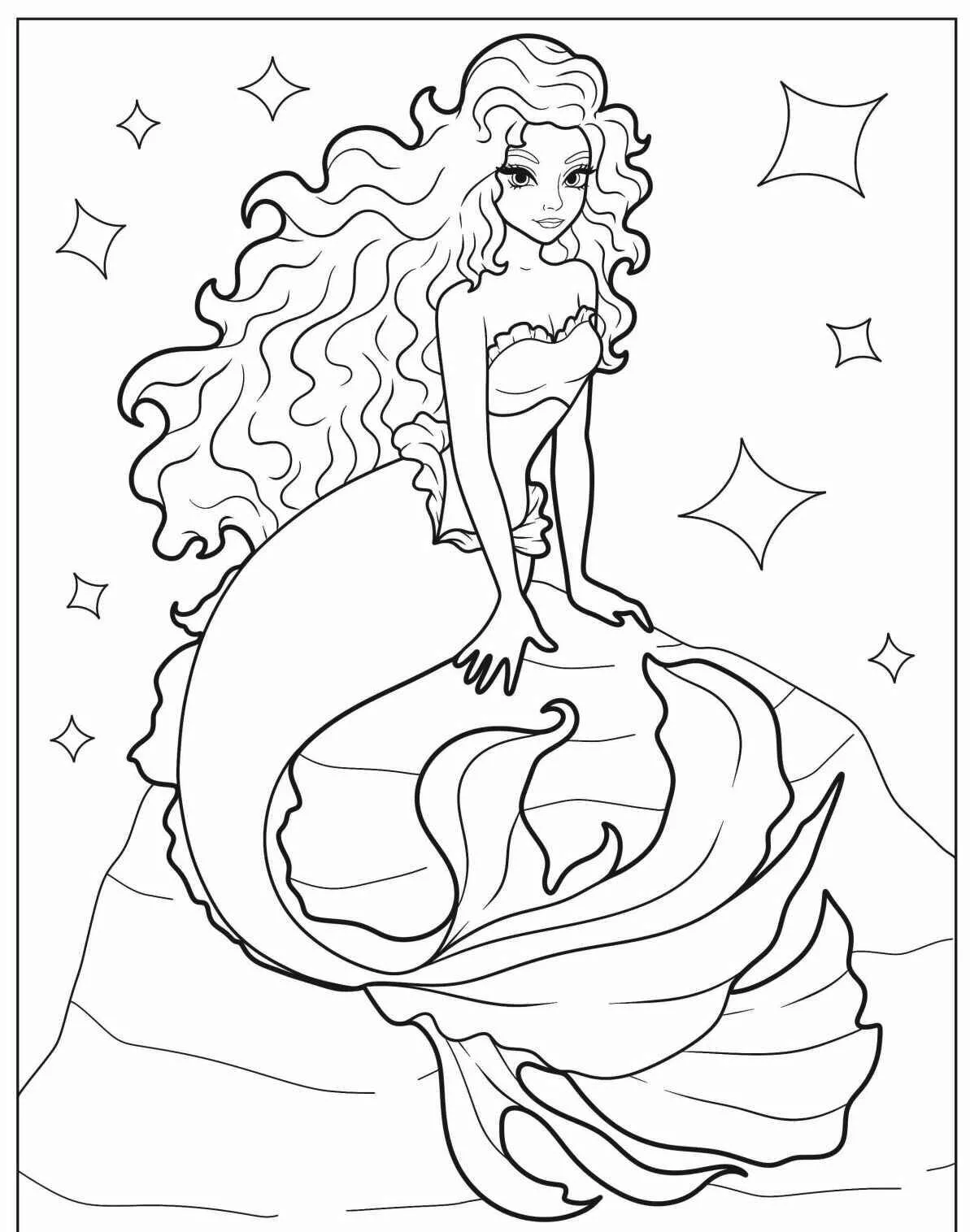Desenho de Sereia Sentada em uma Rocha Brilhante para Colorir