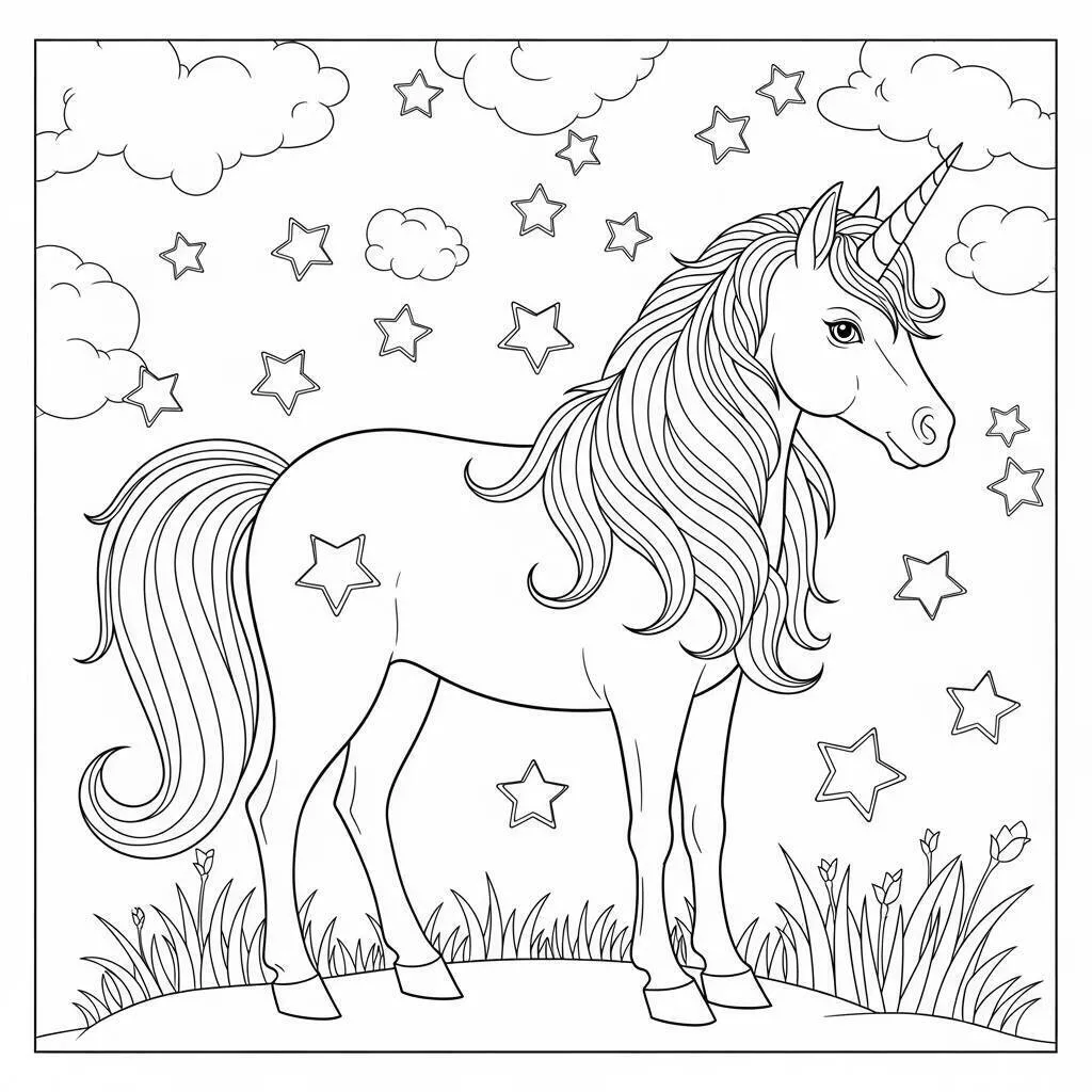 Desenho de Unicórnio com Estrelas e Nuvens para Colorir