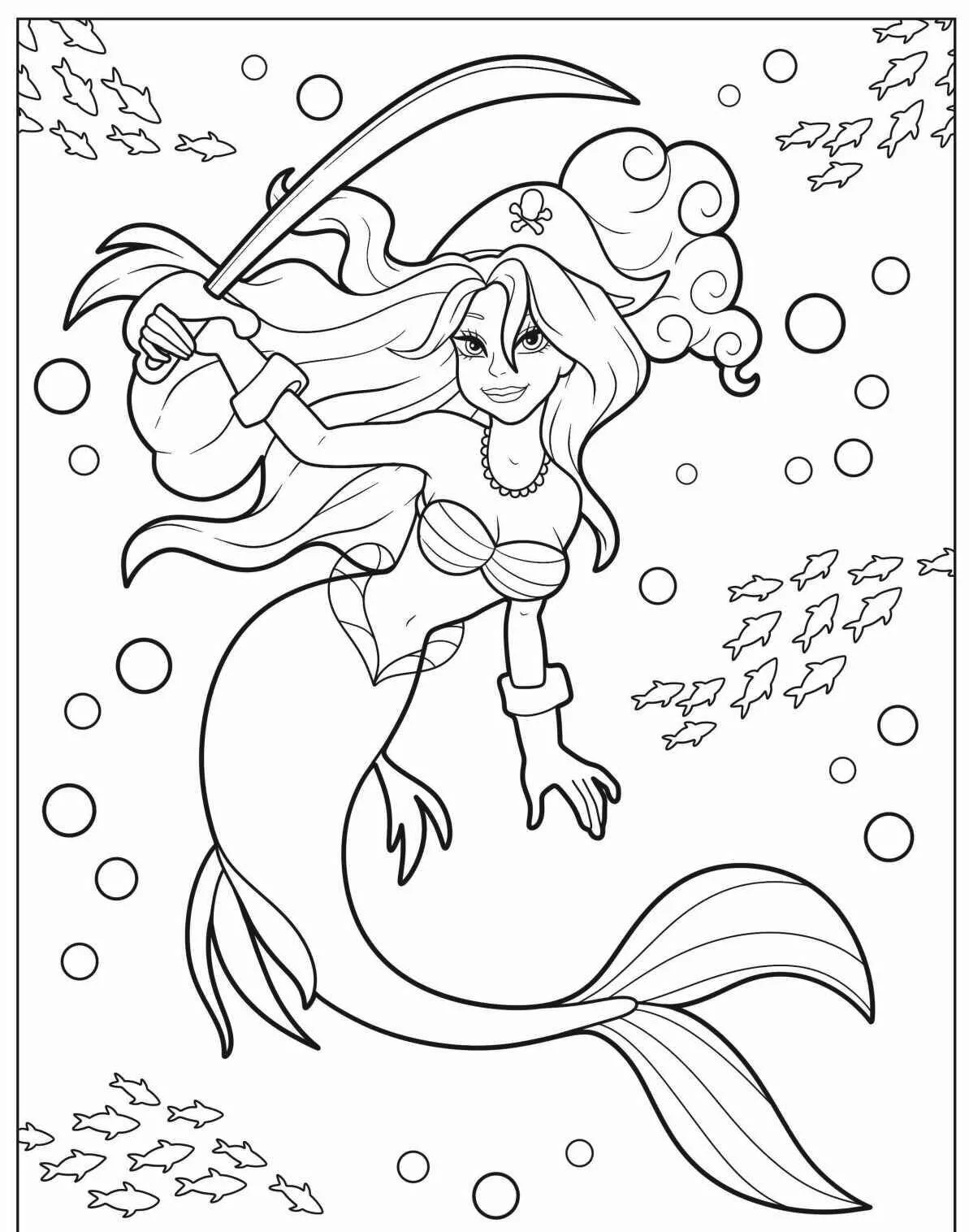 Desenho de Sereia Pirata com Espada para Colorir