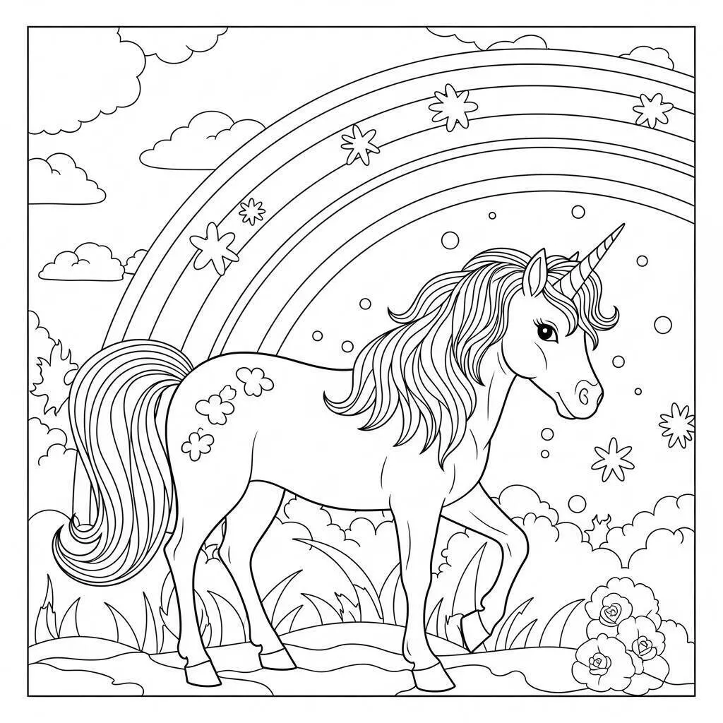Desenho de Unicórnio com Arco Íris e Flores para Colorir