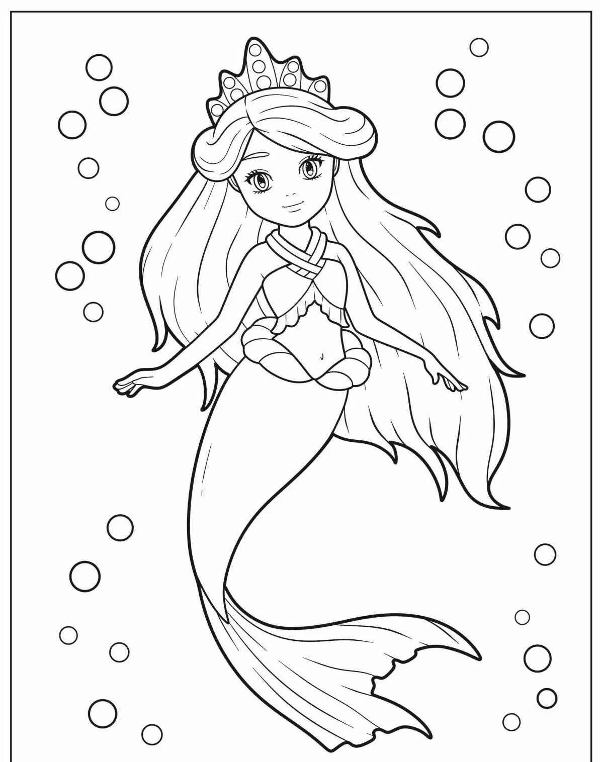Desenho de Sereia com Coroa e Bolhas para Colorir
