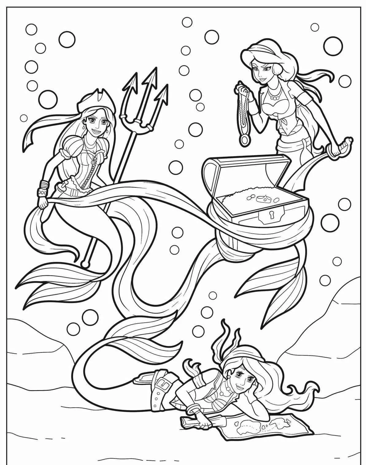 Desenho de Sereia Aventureira com Tesouro Submarino para Colorir
