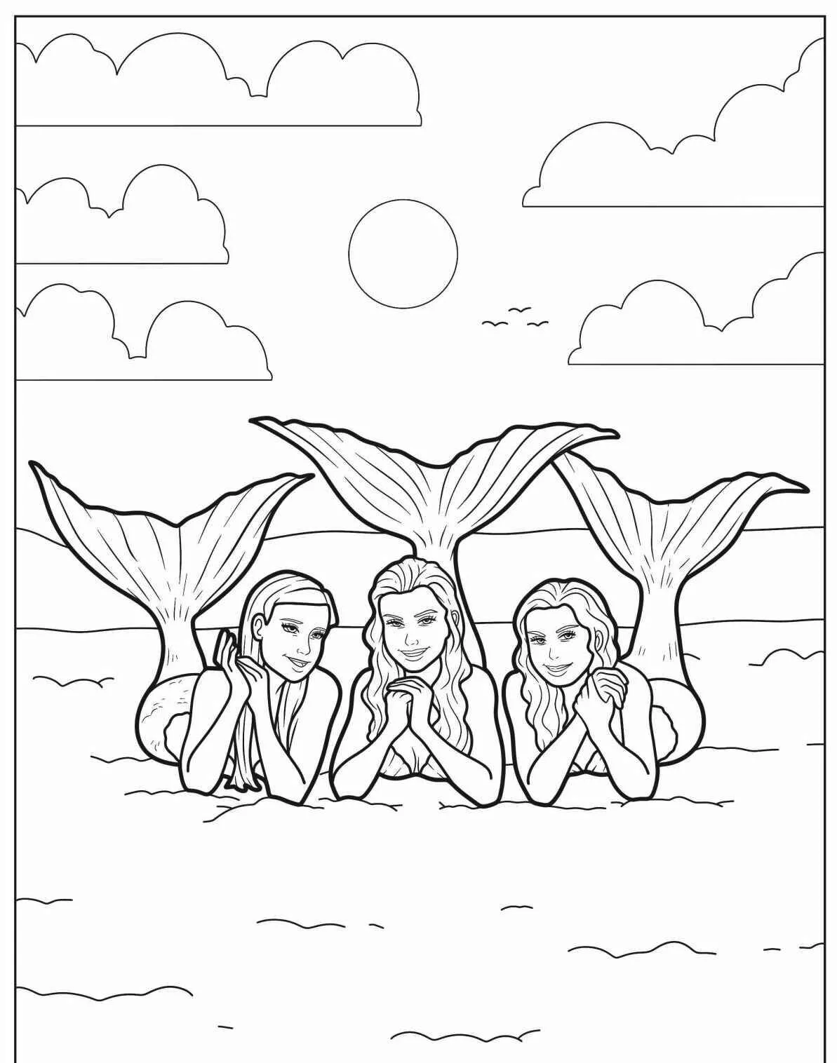 Desenho de Sereias Brincando na Água para Colorir