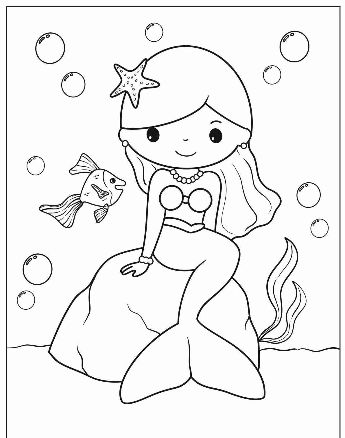 Desenho de Sereia Sentada em Rocha com Peixe Amigo para Colorir